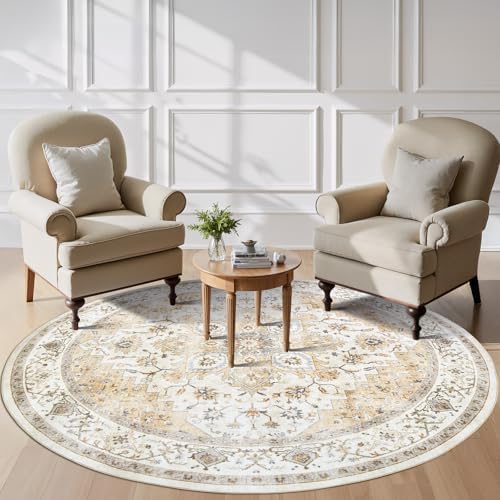 Amada Round 6x6 Washable Area Rug for Living Room, Beige, Vintage Style