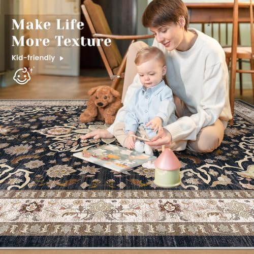 9x12 Area Rugs for Living Room: Washable Large Vintage Floral Rug Low Pile Non-Slip Boho Carpet for Bedroom Dining Home Office (Black, 9'x12')
