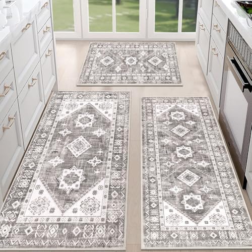 HEBE Boho Kitchen Rugs Set of 3, Non Slip Washable Kitchen Mats for Floor