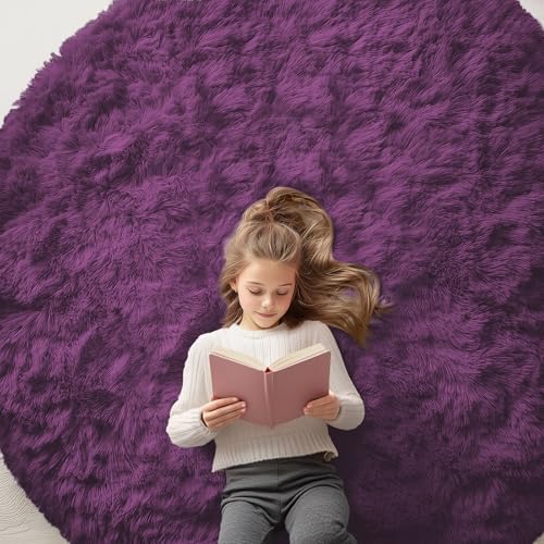 OLANLY Dark Purple Round Rugs for Bedroom - Machine Washable, 6 ft Circle Area Rugs for Living Room, Soft and Fluffy Shaggy Carpet for Teen Girl and Boys, Nursery Rooms, Dorms, Home Decor Aesthetic