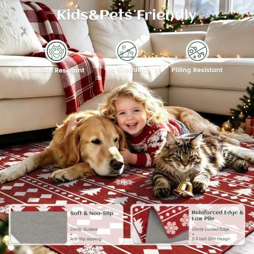 5x7 Christmas Holiday Area Rug, Washable Non‑Slip Low‑Pile Xmas Large Rugs for Living Room Bedroom Dining Room, Winter Indoor Christmas Home Decor(Red Sweater Bauble)