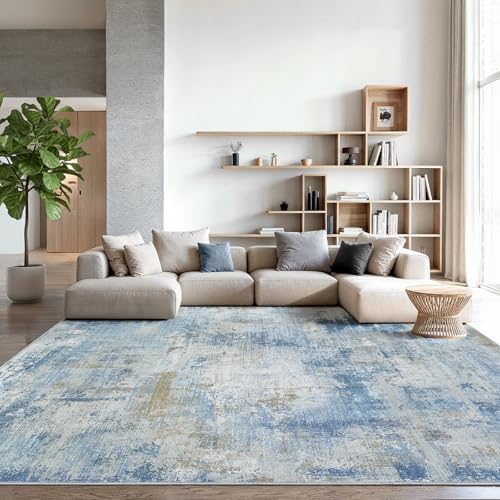 Amada Washable 10'x14' Abstract Area Rug for Living Room Light Blue