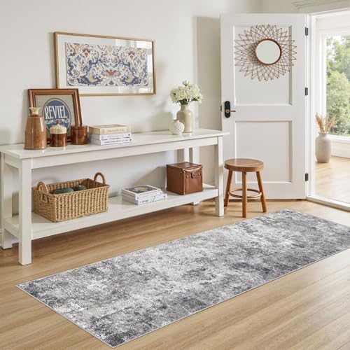 UERMEI 2x6 Washable Runner Rug for Hallway, Non Slip Low Pile Kitchen Carpet, Neutral Modern Abstract Indoor Floor Mat for Entryway Laundry, Kid & Pet Safe High Traffic Area, Grey