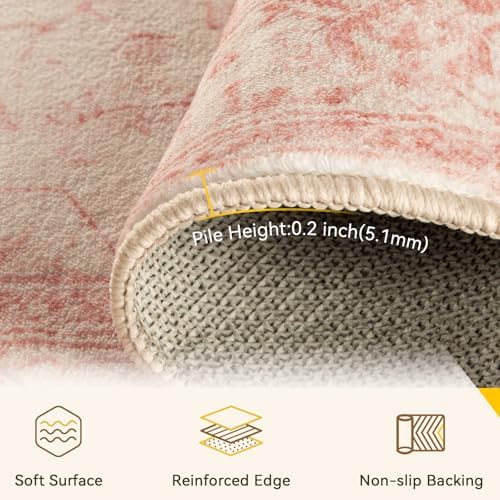 RELEANY Washable Area Rug, Runner 2'x8', Pink/Light Vintage Pink