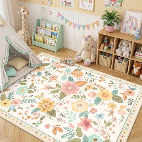 RELEANY Floral Washable 5x7 Area Rugs Beige/White/Orange