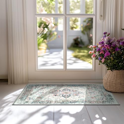 BESTSWEETIE Washable Boho 2x3 Area Rug for Living Room, Multi Navy Teal