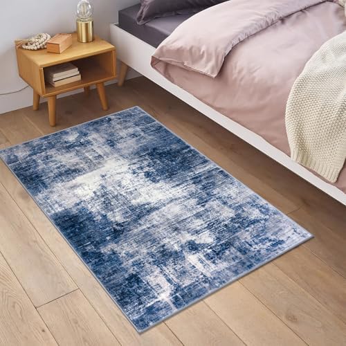 IOHOUZE Small Abstract Area Rug 2x3 Ft Entryway Rugs Washable Door Mat Indoor Entrance, Rubber Backed Throw Rugs, Printed Faux Wool Non Slip Floor Carpet for Foyer Front Door Sink, Navy/Grey
