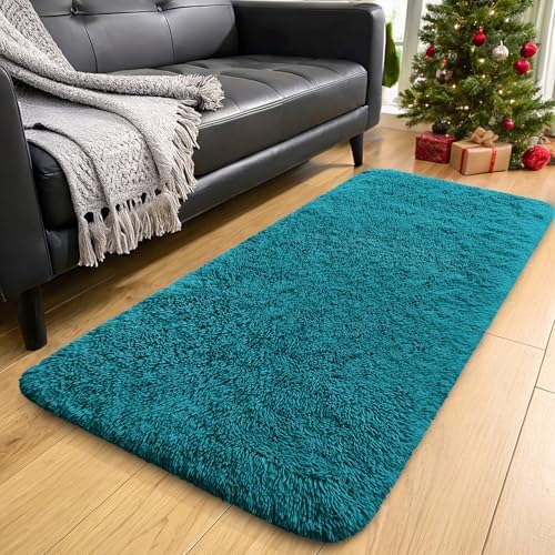 OLANLY 2x4 Machine Washable Runner Rugs for Hallway, Soft Fluffy Shaggy Bedside Rugs for Bedroom, Living Room, Indoor Floor Carpet for Kids Girls and Boys, Nursery Rooms, Home Decor Aesthetic, Teal