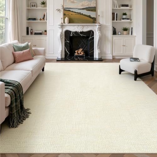 Valenrug 8x10 Area Rugs for Living Room, High-Low Pile Washable Rug, Ivory