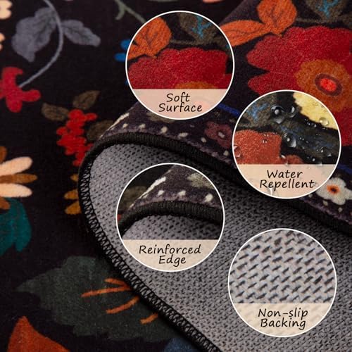 Floral Washable 2x4 Area Rugs Runner Entryway Hallway Black