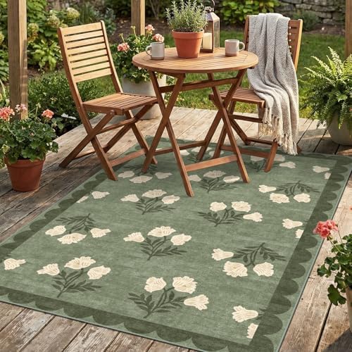4x6 Covered Outdoor Patio Rug - Green Washable Front Porch Entry Rug Non-Slip Door Mat Indoor Outside Entrance Vintage Floral Scalloped Area Rug for Living Room Entryway Backyard Porch Decor