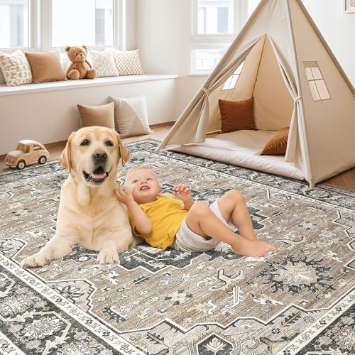 cotiled 6x9 Area Rug for Living Room, Washable, Traditional, Black Brown