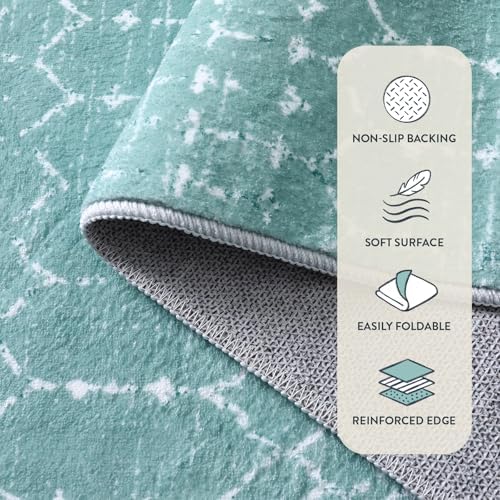 Lahome Moroccan Washable Runner Rug 2x8 Green Non-Slip Rug Runner for Hallway Stain Resisitant Kitchen Carpet, Geometric Print Distressed Soft Untra-Thin Floor Carpet for Kitchen Bedroom Entryway Hana