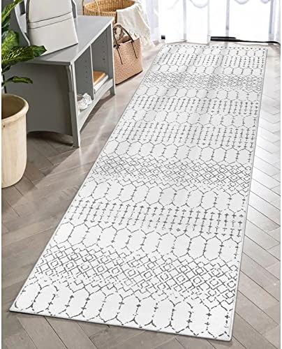 Lahome Moroccan Small Runner Rug - 2x5 Rug Runner Non-Slip Washable Laundry Room Rugs Throw Lightweight Hallway Carpet Indoor, Geometric Print Mat for Bedroom Kitchen Hana (White, 2'x5')