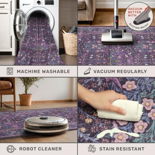 Washable Plum Purple Runner Rug 2x6 - Boho Rug Runner for Bathroom, Kitchen, Indoor Entryway, Low Pile Violet Carpet for Bedroom Bedside, Laundry Room, Hallway Mats for Floor, Stain Resistant