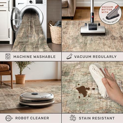Farmhouse Washable Hallway Runner Rug, 2x6 Green and Brown Rugs for Kitchen Floor Waterproof, Bathroom, Entrance Indoor, Bedroom, Non Skid & Stain Resistant Carpet, Distressed Design