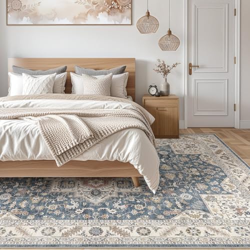 cotiled 5x8 Area Rug for Living Room, Washable, Traditional, Vintage Blue