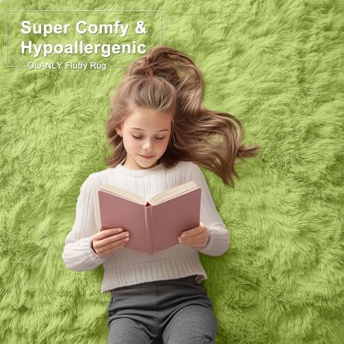 OLANLY 8x10 Machine Washable Large Area Rugs for Living Room, Bedroom, Soft Fluffy Shaggy Bedside Rug, Indoor Floor Carpet for Kids Girls and Boys, Dorms, Nursery, Home Decor Aesthetic, Grass Green