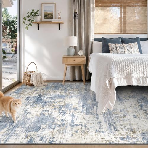 XLUEZ 5x7 Area Rugs for Living Room, Washable Modern Abstract Large Area Rug Neutral Soft Non Slip Kids Rug Stain Resistant Indoor Carpet for Bedroom Nursery Dining Room Playroom(Blue, 5'x7')