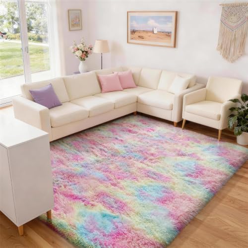 Ophanie 6x9 Rainbow Rug for Bedroom Girls, Unicorn Colorful Fluffy Soft Cute Fuzzy Area Rugs, Shag Plush Shaggy Bedside Floor Furry Carpet for Kids Baby Dorm Home Decor with Over 99 pcs Pile fibers