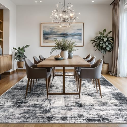 IOHOUZE Abstract Area Rugs 8x10 Ft Washable Large Rugs for Living Room, Non Slip Dining Room Rug, Printed Faux Wool Rugs for Bedroom, Floor Carpet for Office Nursery Playroom, Black Grey