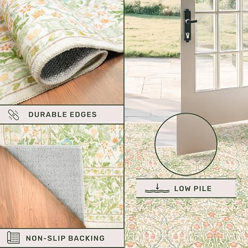 Cream Green Washable 8x10 Area Rugs for Living Room, Bedroom, Dining Room Under Table, Playroom, Stain Resistant Non-Slip Light Green Carpet with Pale Yellow and Pink Blossoms and Blue Flowers