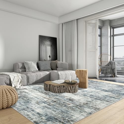 8x10 Area Rugs for Living Room: Washable Abstract Blue Multi Bedroom Carpet