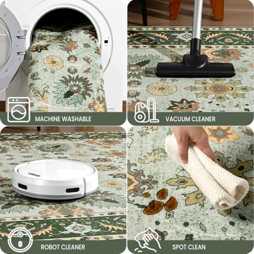Hanples 5x7 Area Rugs for Living Room, Washable Rug Vintage Floral, Green