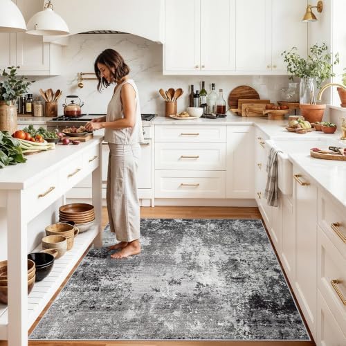 5x5 Rug Square for Living Room – Machine Washable Non-Slip Area Rug for Kitchen Entryway Bathroom – Modern Neutral Abstract Soft 5ft Indoor Carpet (Black Grey, 5x5)