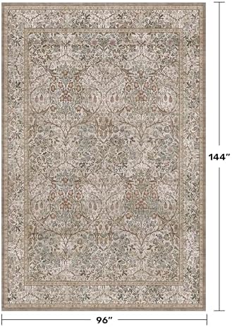 Washable 8x12 Large Living Room Area Rug - Non Pile Floral Design Carpet for Dining Room Under Table, Low Pile Vintage Bedroom Rugs, Forest Stain Resistance (Moss & Brown)