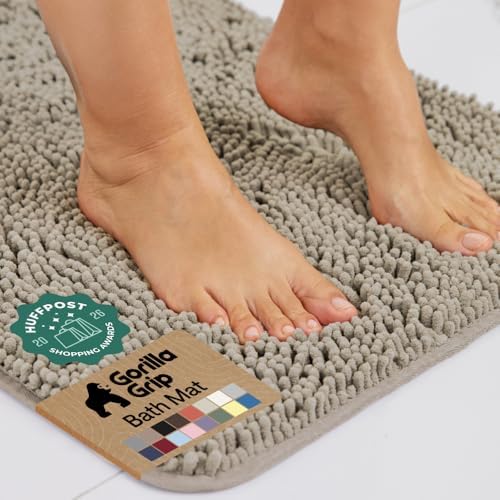 GORILLA GRIP Bath Rug Mat for Bathroom, Absorbent Chenille 24x17 Gray Beige