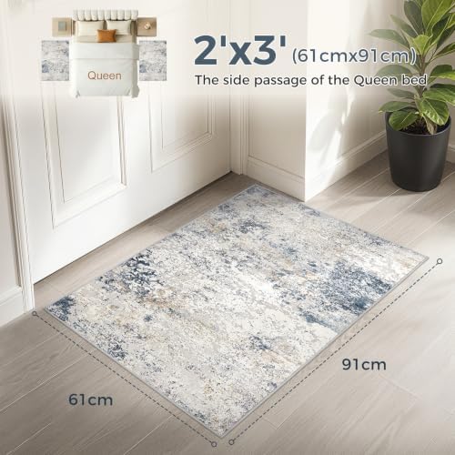 DMOYEST 2x3 Entryway Area Rug Washable Abstract Beige Blue Small Carpet