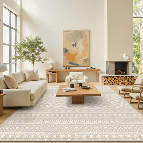 Miukiki 9x12 Area Rug for Living Room, Washable Non Slip Moroccan Rug Brown