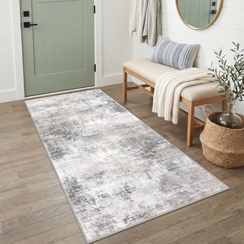 IOHOUZE Abstract Runner Rug 3x6 Ft Washable Runners for Hallways, Non Slip Kitchen Runner Printed Faux Wool Entryway Runner Indoor, Modern Abstract Floor Carpet for Hall Kitchen Bedroom, Grey Beige