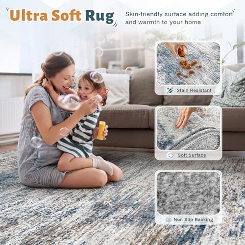XLUEZ 8x10 Area Rugs for Living Room, Washable Modern Abstract Large Area Rug Neutral Soft Non Slip Kids Rug Stain Resistant Indoor Carpet for Bedroom Nursery Dining Children's Room(BlueWhite, 8'x10')