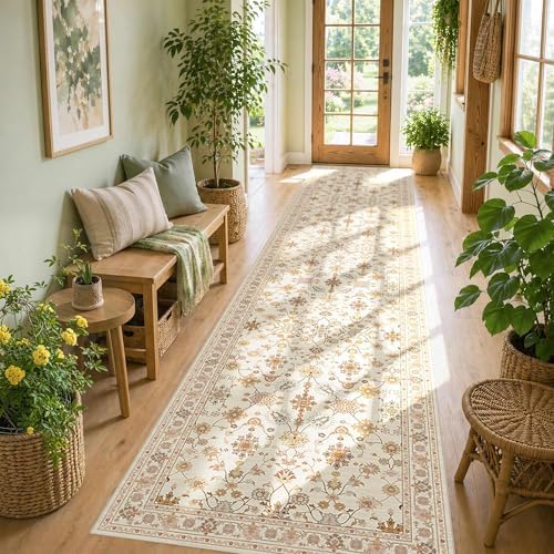 Rugxara 2x10 Beige Floral Runner Rug for Hallways Kitchen