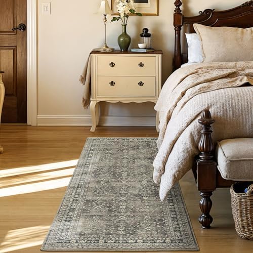 Lessymo Runner Rugs 2x6 ft, Vintage Brown Machine Washable Rug for Hallway Kitchen Bedroom, Non Slip Low Pile Soft Long Area Rug, Distressed Boho Floral Accent Carpet