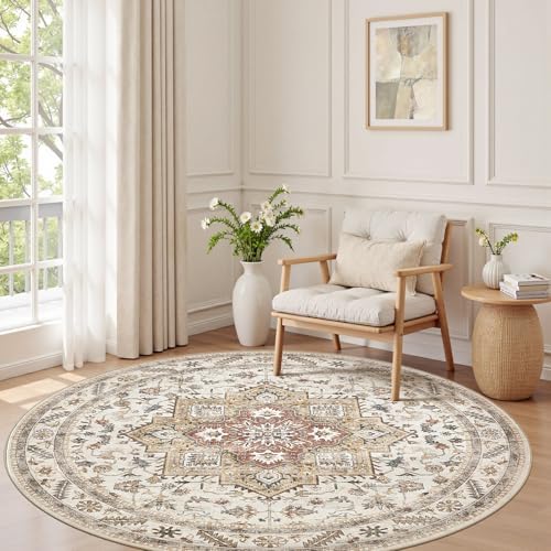 cotiled 6ft Round Living Room Area Rug, Washable, Traditional, Golden Taupe