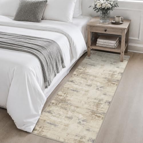 2x6 Washable Runner Rug：Modern Abstract Soft Carpet Beige Brown