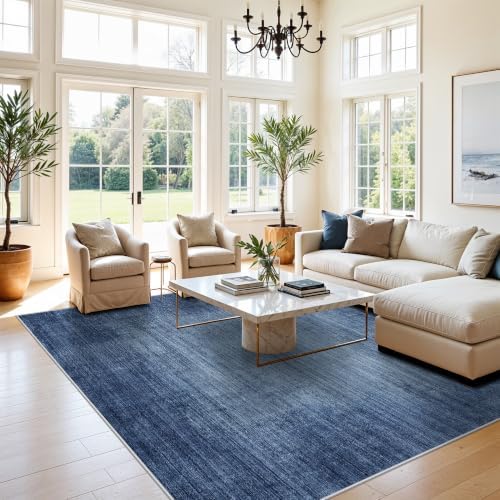 8x8 ft Square Living Room Rug - Washable Modern Neutral Abstract Area Rug for Bedroom, Dining Room, Kitchen Non-Slip Soft Low-Pile Indoor Floor Carpet (Navy Blue, 8x8)
