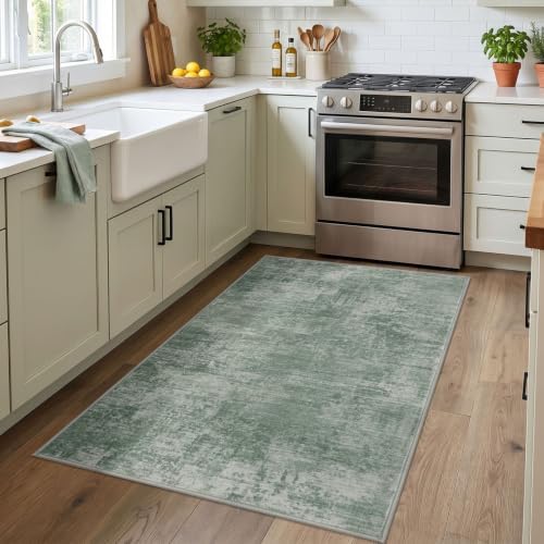 IOHOUZE Abstract Area Rug 3x4 Ft Washable Rugs for Entryway Indoor, Non Slip Kitchen Rug Printed Faux Wool Throw Rugs, Indoor Door Mat for Door Entrance Foyer Living Room, Sage Green