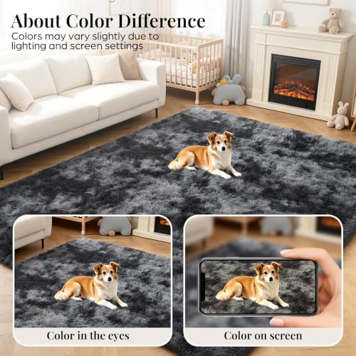PLHXFR 10x14 Area Rugs Living Room: Fluffy Bedroom Soft Shag Rug Black Grey