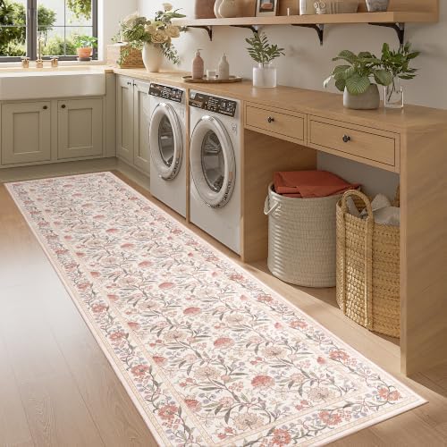 DUKINO 2.6x8 Runner Rug, Washable Vintage Floral Kitchen Runners Beige Pink