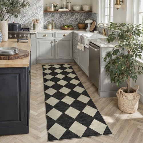 PureCozy Black 2x8 Washable Runner Rug Kitchen Non Slip Checkered Carpet