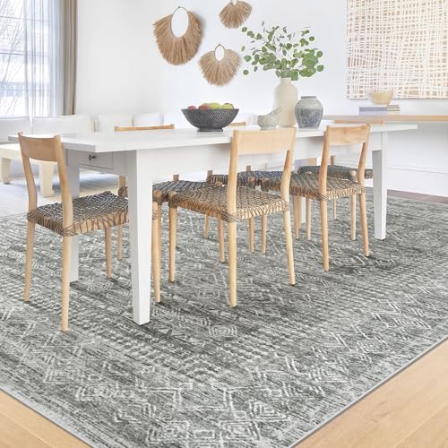 6x9 Area Rugs for Living Room: Washable Moroccan Geometric Boho Rug Farmhouse Non Slip Stain Resistant Large Rug Low Pile Soft Carpet for Bedroom Dining Room Home Office Children Room (Grey,6'x9')