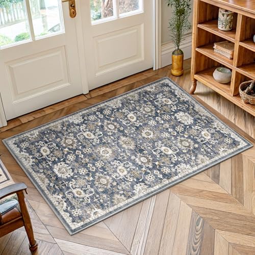 Amada Small 2x4 Washable Area Rug for Entryway, Blue/Brown, Vintage Pattern