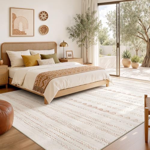 Nakagishi 10x13 Area Rugs Living Room: Washable Boho Large Neutral Soft Farmhouse Rug Stain Resistant Modern Moroccan Non-Slip Indoor Floor Carpet for Bedroom Nursery Kids Playroom Office- Brown