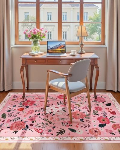 Macgace Floral Area Rug for Bedroom, Machine Washable 3x5 Pink Throw Rugs