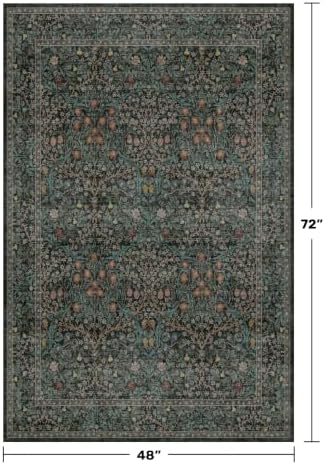 Dark Green 4x6 Entryway Rug, Washable Area Rug 4x6 for Living Room, Bedroom, Large Kitchen, Ultra Soft Non Slip Stain Resistance, Floral Distressed Aethestic Design