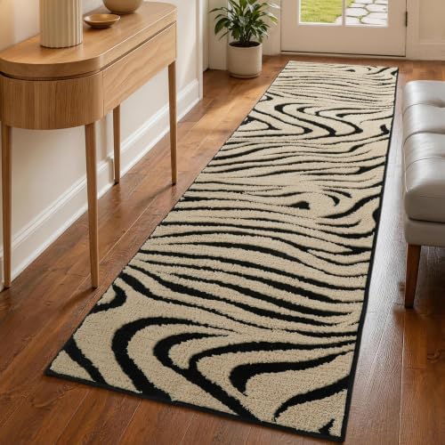 YIHOUSE Zebra Runner Rugs 2x8: Black and Beige Washable Hallway Rug